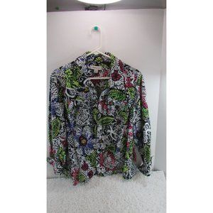 Coldwater Creek Jacket 1X Black Green Pink zip front Pockets Cotton